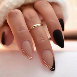 24 PCS Marble Press on Nails with Curve Line Design, Matte Light Brown Glitter False Nails Gel Glue on Nails, Sparkly Manicure Art Acrylic Medium Almond Fake Nails Stick on Nails for Women Girls