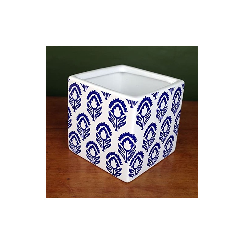 Leaf Ceramic Indoor Cachepot Planters, Blue White Floral Print, 12cm