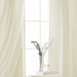 Best Home Fashion Lace Tulle Overlay Thermal Insulated Solid Blackouts - Stainless Steel Nickel Grommet Top - Beige - 52" W x 63" L - (Set of 2 Panels)