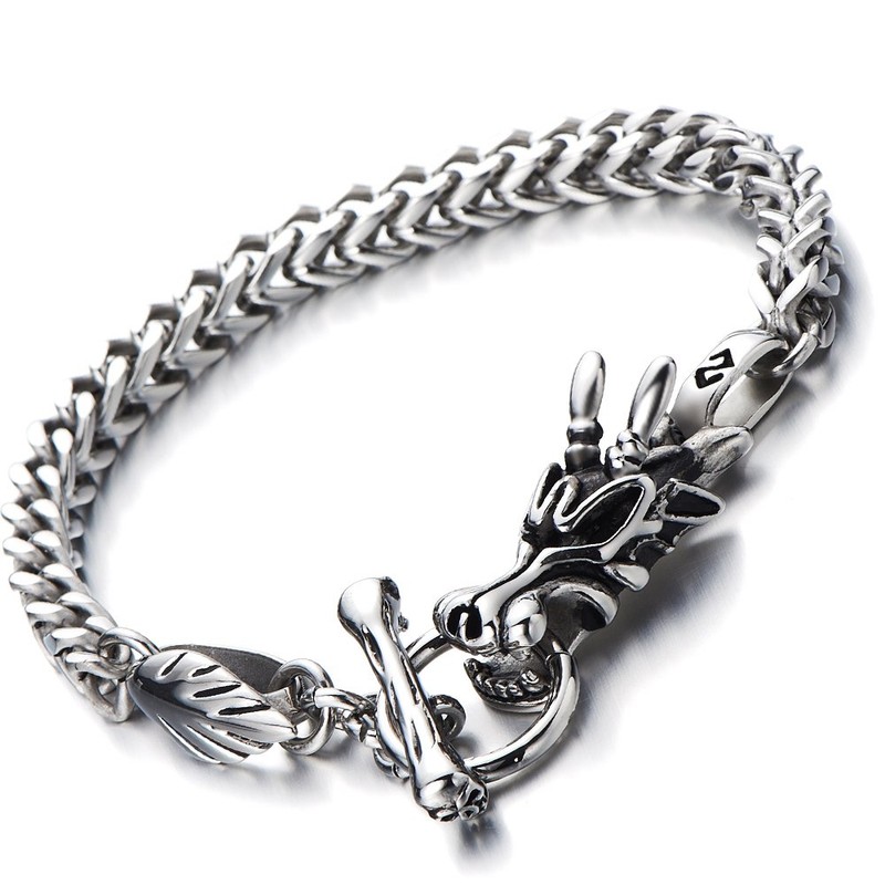 COOLSTEELANDBEYOND Mens Biker Stainless Steel Dragon Curb Chain Bracelet Toggle