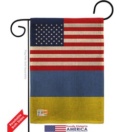 Nationality Ukraine US Friendship Burlap Garden Flag Set with Stand Regional Nation International World Country Particular Area Small Gift Yard House Banner Double-Sided Made in USA 13 X 18.5