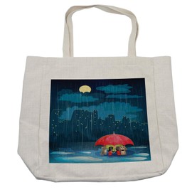 Ambesonne Cartoon Shopping Bag, Kitty and Poppy Romantic Love Story Starry City Blocks Rainy Day Umbrella, Eco-Friendly Reusable Bag for Groceries Beach and More, 15.5" X 14.5", Blue Coral