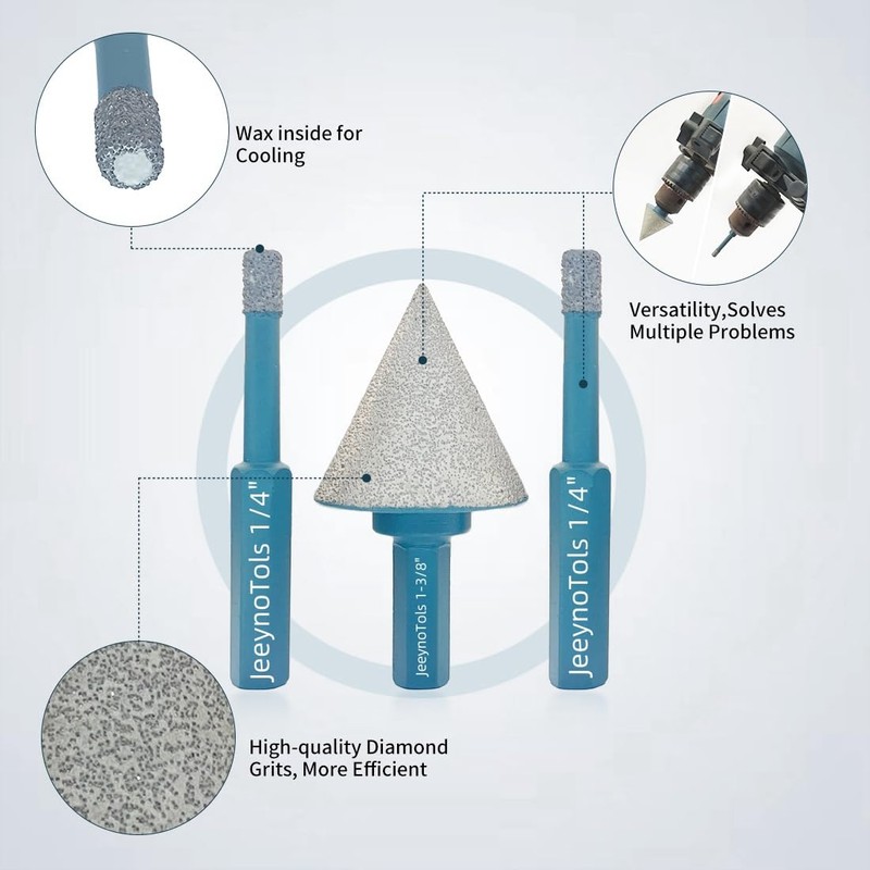 JeeynoTols Diamond Beveling Chamfer Bit 1-3/8" (35mm) & 2pcs 1/4"(6mm)