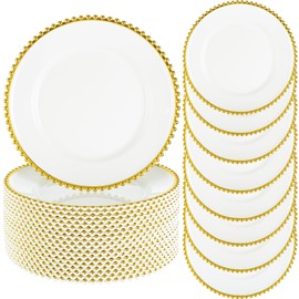 ejonirinjonir 50pcs White and Gold Charger Plates,13inch Chargers for Dinner Plates,Round Dinner Plate with Beaded Rim for Birthday Wedding Anniversary