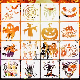 MWOOT 16 PCS Halloween Stencils for Painting on Wall, Halloween Stencils for Crafts Reusable, Stencil Drawing Templates for Painting on Wood, Carving, Canvas, Scrapbook Decor, 20 CM
