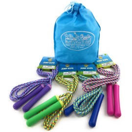 Deluxe Jump Ropes 7-Foot (7') Pink, Green, Purple & Blue Gift Set Party Bundle with Bonus Matty's Toy Stop Storage Bag - 4 Pack