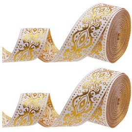 GORGECRAFT 14m x 3.3cm Jacquard Ribbon Metallic Gold Ethnic Embroidered Woven Satin Roll Double Side Boho Fabric Floral Sewing Webbing Wrapping Strap Trim for DIY Crafts Home Curtain Decor