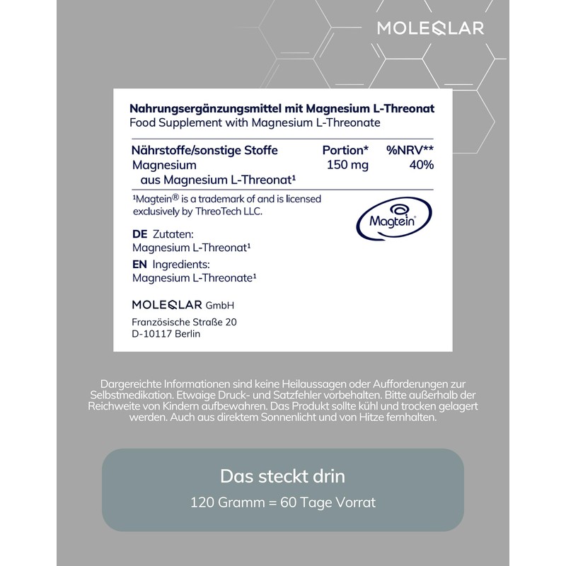 MoleQlar Magnesium L-Threonate Powder 120 g - Magtein Brand Raw