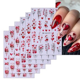 Valentine's Day Nail Art Stickers 3D Nail Decals Red Heart Shape Nail Sticker Romantic Valentine's Day The Giving Tree Nails Art Decoration for Women Girls Valentine's Day DIY Nail Charms 6 Sheet