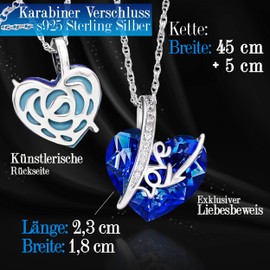 Blue Spirit BomWod Necklace Sterling Silver S925, 45 + 5 cm, Including High-Quality Gift Box, Chains for Women, Women's Jewellery, Women's Necklace, Blue Crystal, Heart, Fabric