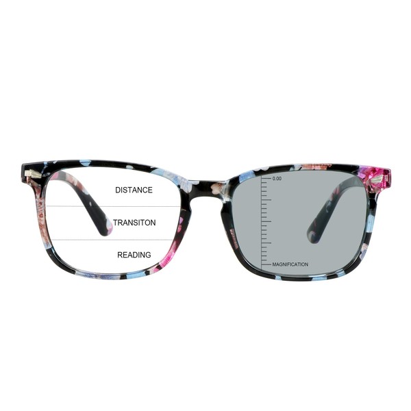 LAMBBAA Vintage Square Progressive Multifocal Presbyopic Glasses, Photochromic Gray Sunglasses for Men Women Readers (+0.00/+2.25 Magnification)