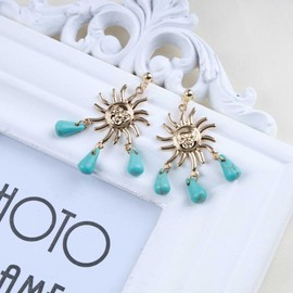 Cimenexe Punk Sun Turquoise Earrings Turquoise Earrings Golden Sun Stud Earrings Teardrop Turquoise Drop Earrings Blue Natural Stone Earrings Jewellery for Women and Girls
