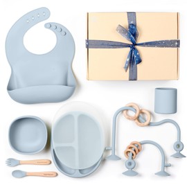 Baby Pastuzzo Set of Silicone Feeding Set 6 in 1 and Educational Montessori Toys, for Baby and Infant Toddlers (Dusty Blue)