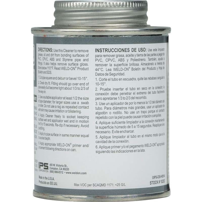 Weld-On 10203 C-65 PVC/CPVC/ABS/Styrene Cleaner - Low-VOC, Clear, 1/2 Pint