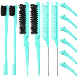 Remerry 12 Pieces Hair Brush Set, Nylon Teasing Hair Brushes 3 Row Salon Teasing Brush, Double Sided Hair Edge Brush Smooth Comb Grooming, Rat Tail Combs with Duckbill Clips for Women (Mint Green)