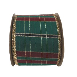 Hunter Green Christmas Plaid Wired Ribbon - 2 1/2" x 10 Yards, Metallic Gold Edges, Burgundy Red, Tartan, Wreath, Garland, Gift Wrap, Bows, Gift Basket, Decoration