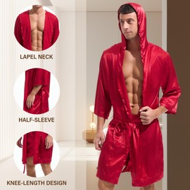 Amy Coulee Mens Satin Robe Set Lightweight Bathrobes with Shorts Silky Half Sleeve Pajamas Robes with Hooded (Red, M)
