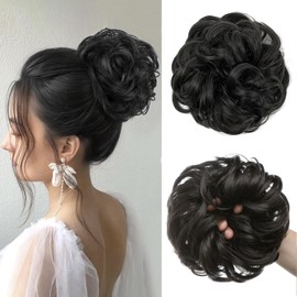 Mtuihfo Messy Bun Hair Piece, Wavy Curly Messy Bun Scrunchie, Thick Tousled Hair Pieces for Women Girl(Deep Black）