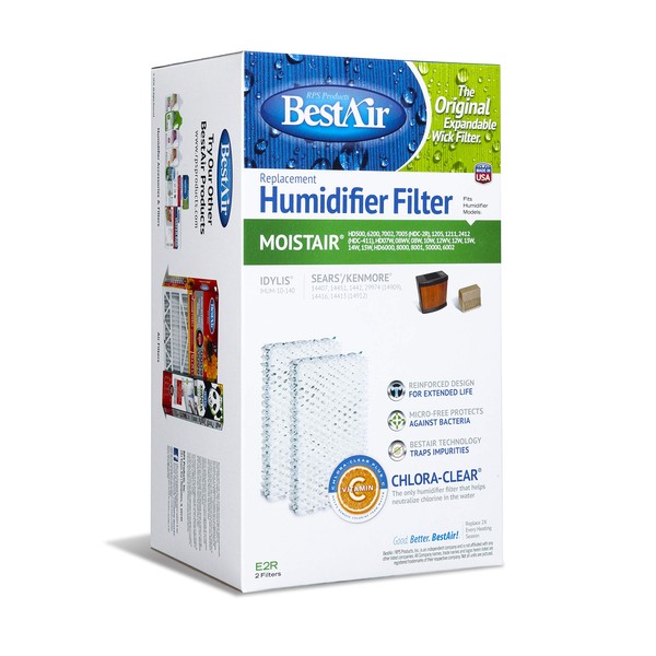 BestAir E2R Extended Life Replacement Paper Wick Humidifier, Emerson & Kenmore Models, 6.5" x 5.5" x 11.5", Single Pack (2 Filters), No Size, No Color