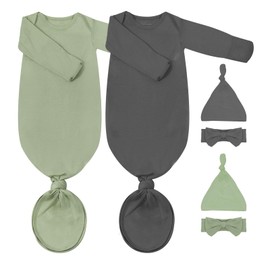COOZYNANA 2Pack Newborn Baby Knotted Gown, Super Soft Modal Infant Long Sleeve Sleeper with Hat and Headband Set, Unisex Infant Sleep Onesie
