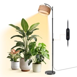 Bstrip 65-72.8 Inches Adjustable Grow Light for Indoor Plants, Boho Rattan & Fabric Shade Standing Grow Lamp, 25W 3000K Full Spectrum LED Plant Light with Auto On/Off Timer
