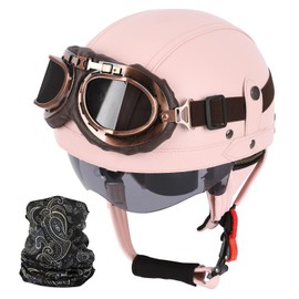 Vintage German Leather Motorcycle Half Helmet, DOT Approved Adult Men Women Half Face Motorcycle Helmets, with Goggles and Visor, for Bicycle Cruiser Scooter Chopper(Pink,S(55~56cm))