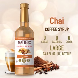 Matteo's Chai Syrup for Coffee, Lattes, Cappuccinos & Desserts – Sugar-Free Sweetener for Beverages, Keto Friendly, Zero Calories, Indulgent Flavor, Non-Alcoholic, Ideal for Hot Drinks 33.8oz (6pk)