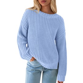 Zenlonr Women Long Sleeve Sweaters 2025 Fall Winter Ribbed Knit Pullover Sweater Casual Loose Crewneck Split Jumper Tops(Light Blue,Medium)