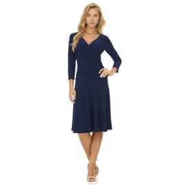 Rekucci Women's Slimming 3/4 Sleeve Fit-and-Flare Crossover Tummy Control Dress (12, Navy)