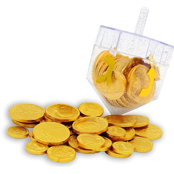 Dreidel Filled with Hanukkah Chocolate Gelt Coins - Belgian Chocolate Coins - Chanukah Gelt - OU Kosher (Single)