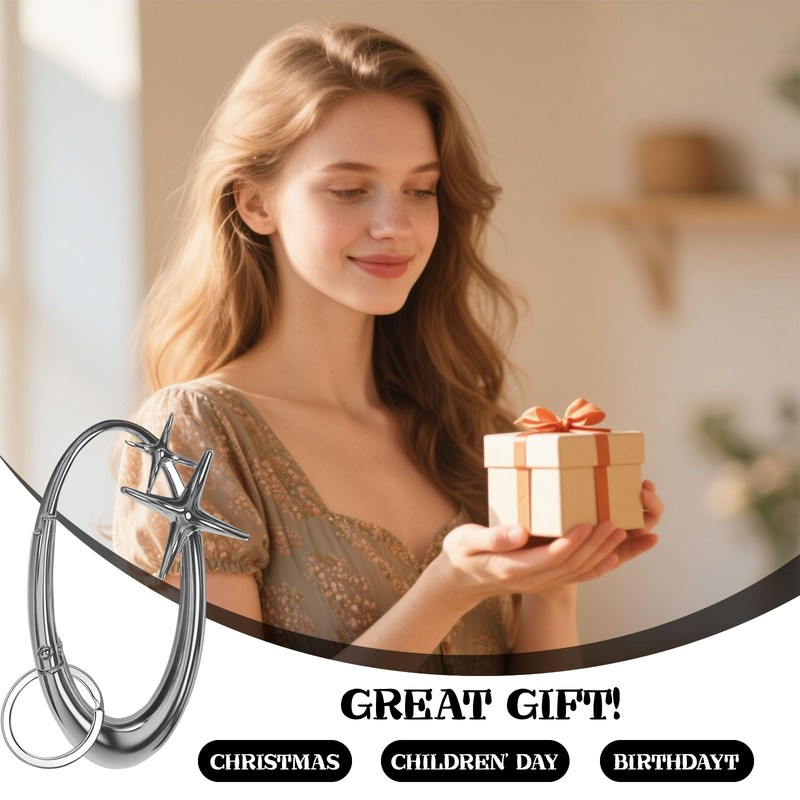 Star Carabiner Keychain, Extra-Large Shiny Chrome Karibiner, Minimal Alloy Material