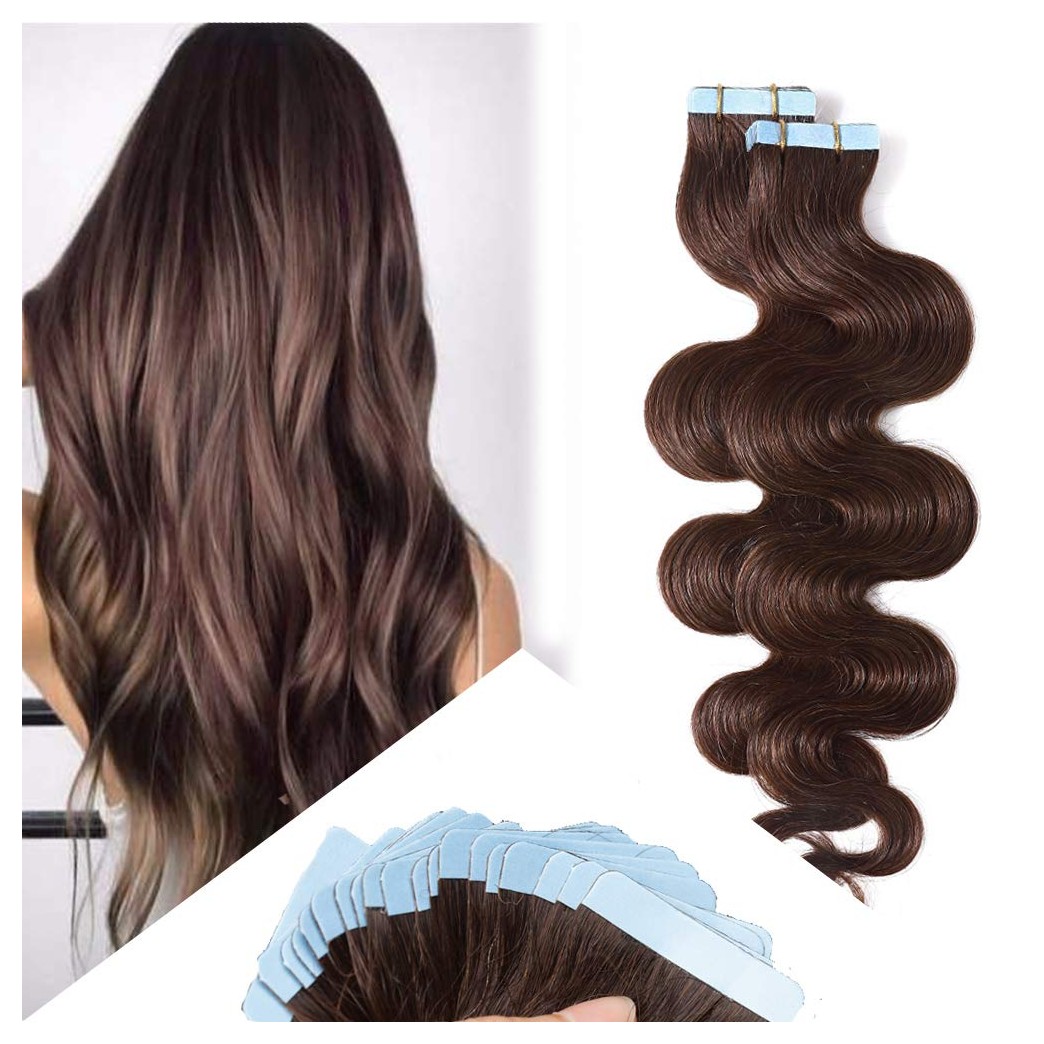 Hairro Tape in Hair Extensions Human Hair 18 Inch Long Body Wave #4 Medium Brown 100g 40pcs/pack Thin Wavy Silky Seamless Skin Weft Glue in Human Hairpieces for Women