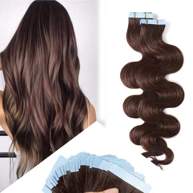 Hairro Tape in Hair Extensions Human Hair 18 Inch Long Body Wave #4 Medium Brown 100g 40pcs/pack Thin Wavy Silky Seamless Skin Weft Glue in Human Hairpieces for Women