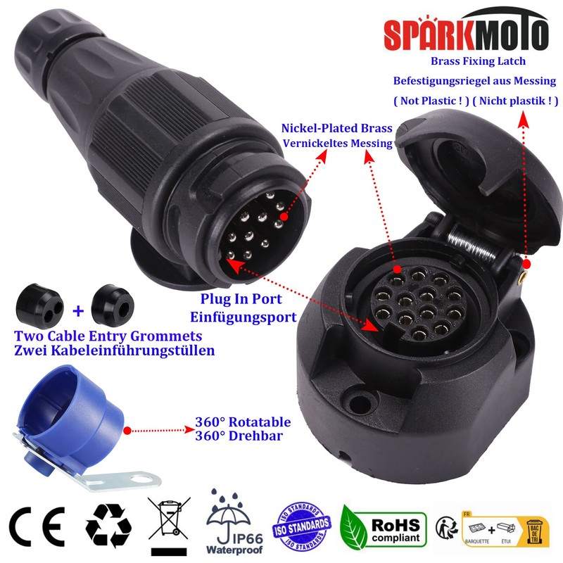 SPARKMOTO 13 Pin Trailer Plug and 13 Pin Trailer Socket,12V