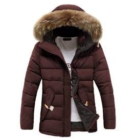 FOURSTEEDS Men's Faux Fur Coat with Hood Thick Warm Sherpa Lined Hooded Jacket Zip Fly Stand Collar Coat for Mens Ruby XS