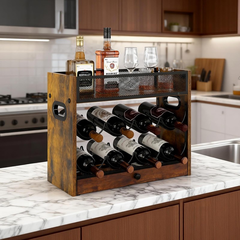 3-Tier Countertop Wine Rack, Coffee Syrup Rack Organizer With Drawer