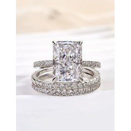 Effinny 4.0ct Radiant Cut Engagement Ring Set,Rectangle Crushed Ice D Color 925 Sterling Silver Bridal Ring Set with Half Eternity Wedding Band (3PCS, 6)