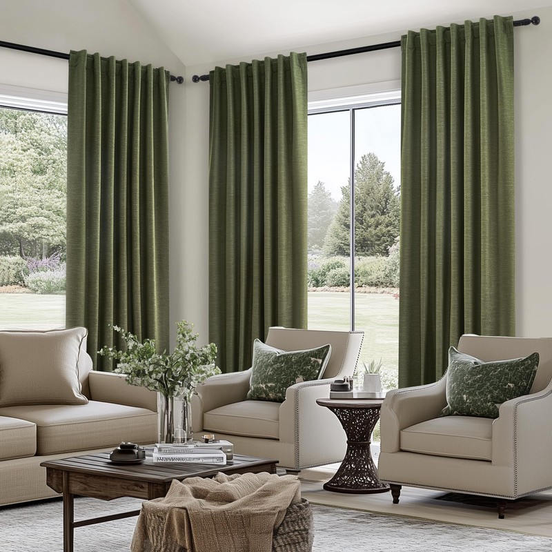 Topfinel Olive Green Linen Blackout Curtains 84 Inch Long for