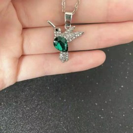 Fashion Jewelry GREEN CRYSTAL HUMMINGBIRD BIRD Pendant 925 Sterling Silver 22" Necklace women