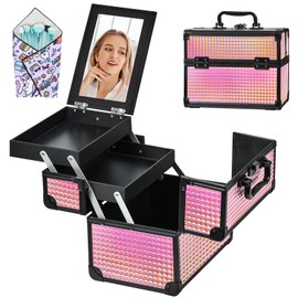 GALHUBIS Makeup Train Case, Portable Makeup Case with Mirror, 2-Trays Cosmetic Organizer Case,Nail Polish Organizer, Travel Makeup Box, Profesional for Salon Barber,Black Bright Pink