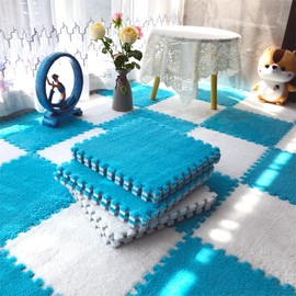 easycustomerlee 12pcs Interlocking Carpet Shaggy Soft EVA Foam Mats Fluffy Rugs Protective Floor Tiles Exercise Play Mats for Children Kids Room Home Parlor Bedroom(Blue)