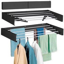 FOCHIER F Laundry Drying Rack Wall Mounted Clothes Drying Rack Collapsible 31.5" Wide with 13.2 Linear Ft and 5 Aluminum Rods Drilling Template Long Screwdriver Bit 60 lbs Capacity Black