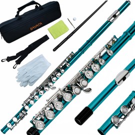 KAYATA Flute - Closed Hole C Flute For Beginners/Student, 16-Key Flutes with Flute Case, Cleaning Kit, Tuning Rod, Nickel Plated Flute (Blue).
