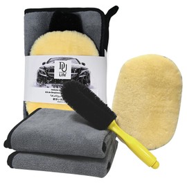 DU Life Car Wash Set, 4 Pieces, Microfiber Cloth, 2 x Car Wash Gloves, 1 x Car Wash Brush, 1 Set, For Wiping, Super Absorbent, Car Wash Towel, Large, 23.6 x 15.7 inches (60 x 40 cm), Microfiber