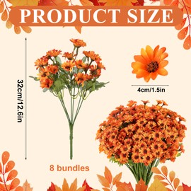 8 Bundles Artificial Orange Faux Flowers for Outdoor Planters Bulk Fake Mums Plastic Fall Daisy Floral for Home Decor Garden Outdoors Porch Pots Window Box Wedding Decorations (Orange)
