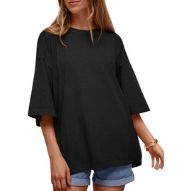 Tankaneo Womens Oversized Half Sleeve T-Shirts Summer Casual Crew Neck Tunic Tops Loose Fit Boxy Basic Tees Black