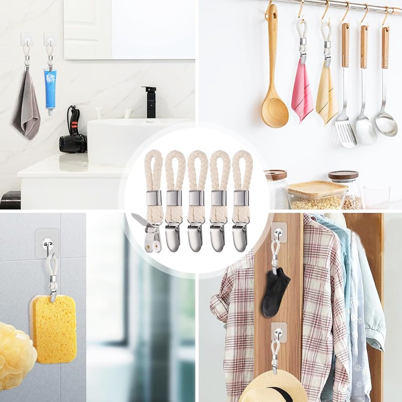 Luxiremi 5 Pcs Hanging Tea Towels Clip, Brackets-Braided CottonTowel Clips