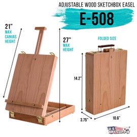 U.S. Art Supply Antigua Adjustable Wood Table Sketchbox Easel, Premium Beechwood - Portable Wooden Artist Desktop Storage Case - Store Art Paint, Markers, Sketch Pad - Box for Drawing, Painting