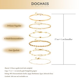 Dochais Women's Gold Bracelets, 14 Carat Gold-Plated Bracelet, Girls' Twist Figaro Chains, Bracelet Set, Adjustable Fashion Jewellery for Women and Girls, Pack of 6, Stainless Steel