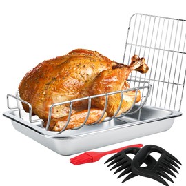 Dallden Stainless Steel 3-Piece Turkey Roasting Rack with Pan –Rib Rack for Grilling and Smoking Rectangular Roaster with C-Shaped and Flat Racks for Turkey, Chicken, Meat, Lasagna